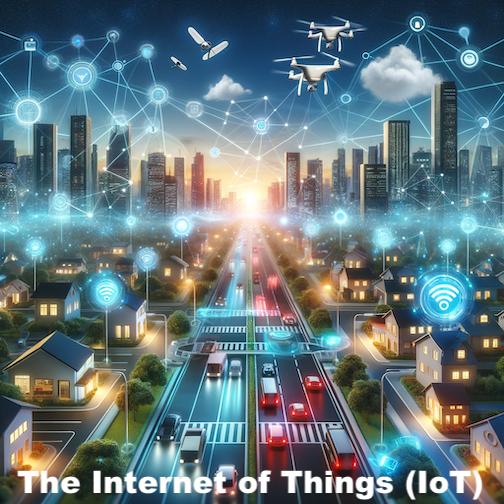 Illustration of a cityscape with a variety of interconnected devices representing the Internet of Things (IoT). 